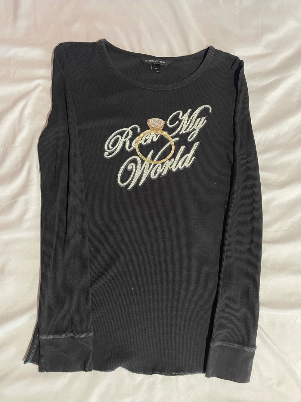 Victoria's Secret Black Long Sleeve 'Rock My World' Graphic Top